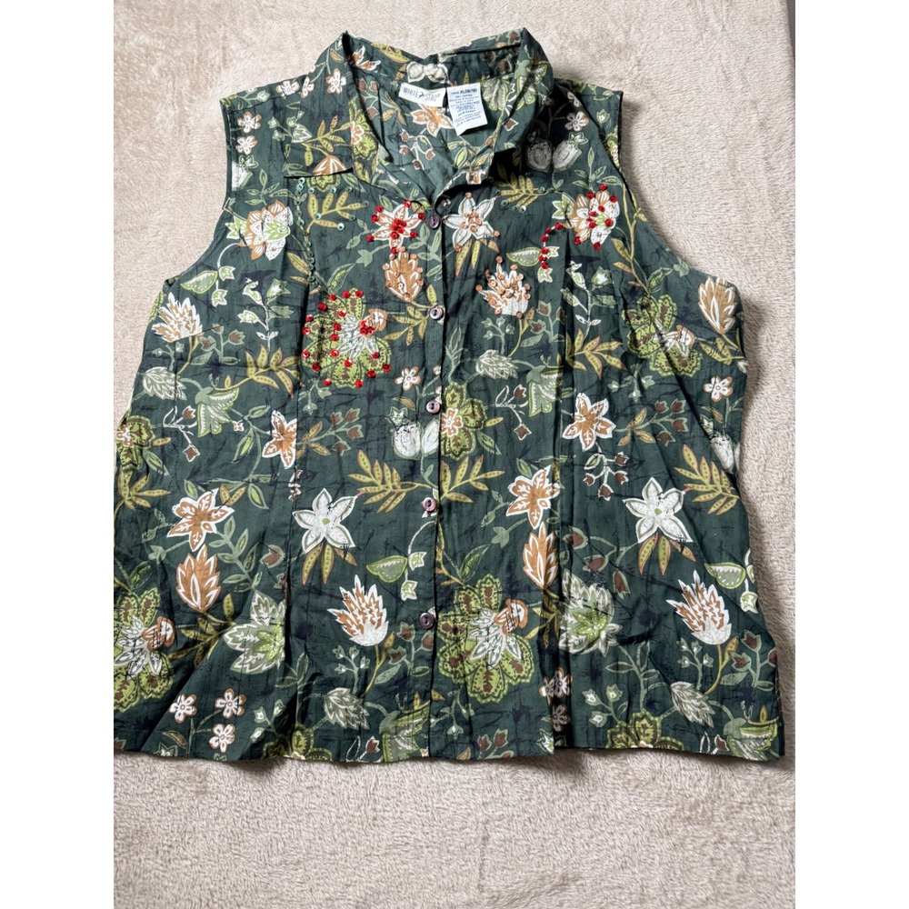 White Stag Womens XL Tropical Floral Sequin Sleeveless Button Up Top Boho VTG